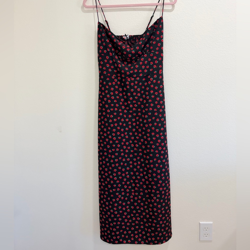 Go Girl Go Black Slip Dress with Red Floral Pattern